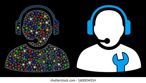 Glowing mesh service operator icon with lightspot effect. Abstract illuminated model of service operator. Shiny wire frame polygonal mesh service operator icon.