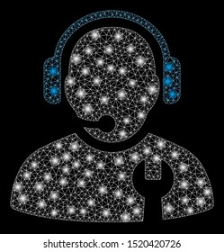 Glowing mesh service operator with lightspot effect. Abstract illuminated model of service operator icon. Shiny wire frame triangular mesh service operator. Vector abstraction on a black background.