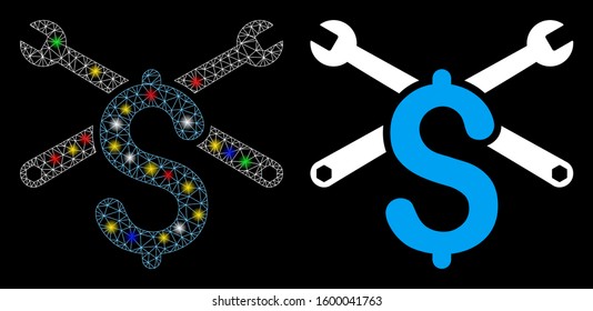 Glowing mesh service price icon with glitter effect. Abstract illuminated model of service price. Shiny wire carcass polygonal mesh service price icon. Vector abstraction on a black background.
