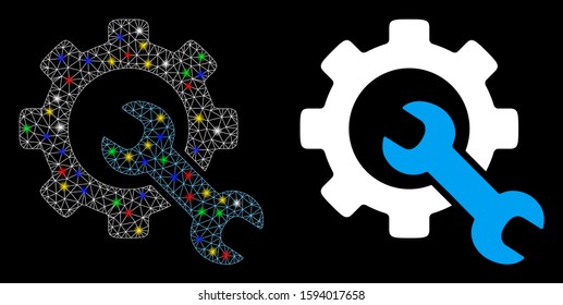 Glowing mesh service tools icon with glare effect. Abstract illuminated model of service tools. Shiny wire frame triangular network service tools icon. Vector abstraction on a black background.