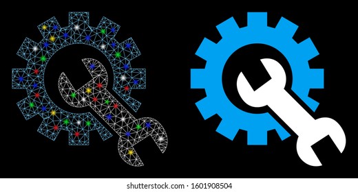 Glowing mesh service tools icon with lightspot effect. Abstract illuminated model of service tools. Shiny wire frame triangular mesh service tools icon. Vector abstraction on a black background.