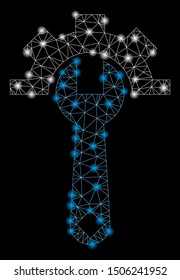 Glowing mesh service tools with lightspot effect. Abstract illuminated model of service tools icon. Shiny wire frame triangular mesh service tools. Vector abstraction on a black background.