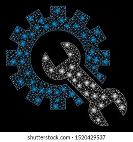 Glowing mesh service tools with lightspot effect. Abstract illuminated model of service tools icon. Shiny wire carcass triangular mesh service tools. Vector abstraction on a black background.