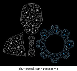 Glowing mesh serviceman with glare effect. Abstract illuminated model of serviceman icon. Shiny wire carcass polygonal mesh serviceman. Vector abstraction on a black background.
