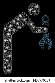 Glowing mesh serviceman with lightspot effect. Abstract illuminated model of serviceman icon. Shiny wire carcass polygonal mesh serviceman. Vector abstraction on a black background.