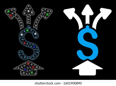 Glowing mesh share money icon with sparkle effect. Abstract illuminated model of share money. Shiny wire carcass polygonal mesh share money icon. Vector abstraction on a black background.