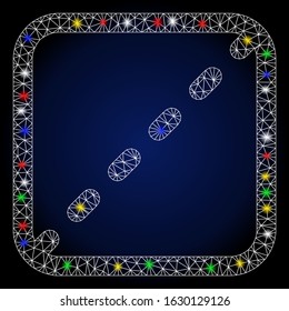 Glowing mesh shares with lightspot effect. Abstract illuminated model of shares. Shiny wire carcass triangular mesh shares icon. Vector abstraction on a dark blue gradient background.