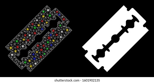 Glowing mesh shaving razor blade icon with lightspot effect. Abstract illuminated model of shaving razor blade. Shiny wire carcass polygonal mesh shaving razor blade icon.