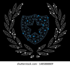 Glowing mesh shield laurel wreath with glitter effect. Abstract illuminated model of shield laurel wreath icon. Shiny wire carcass triangular mesh shield laurel wreath.