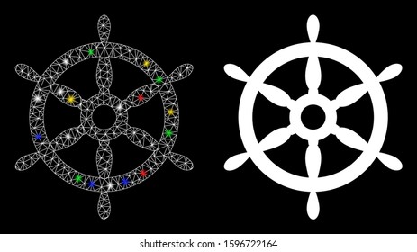 Glowing mesh ship steering wheel icon with glare effect. Abstract illuminated model of ship steering wheel. Shiny wire carcass triangular mesh ship steering wheel icon.