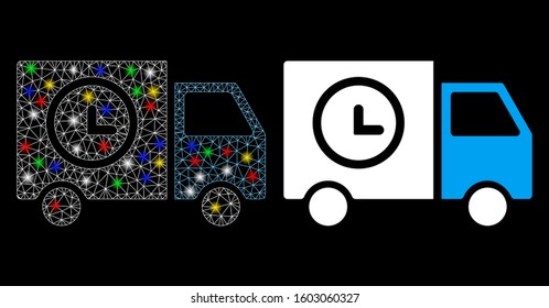 Glowing mesh shipment schedule van icon with sparkle effect. Abstract illuminated model of shipment schedule van. Shiny wire frame polygonal mesh shipment schedule van icon.
