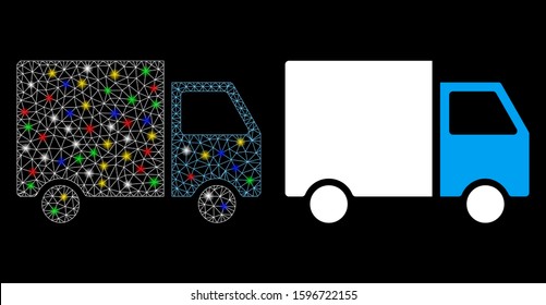 Glowing mesh shipment van icon with sparkle effect. Abstract illuminated model of shipment van. Shiny wire frame triangular network shipment van icon. Vector abstraction on a black background.