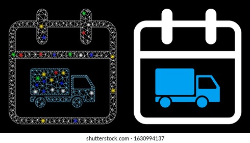 Glowing mesh shipping day icon with sparkle effect. Abstract illuminated model of shipping day. Shiny wire carcass triangular mesh shipping day icon. Vector abstraction on a black background.