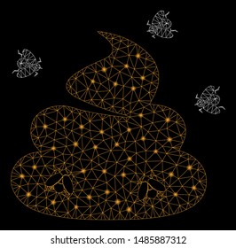 Glowing mesh shit flies with glow effect. Abstract illuminated model of shit flies icon. Shiny wire frame polygonal mesh shit flies. Vector abstraction on a black background.