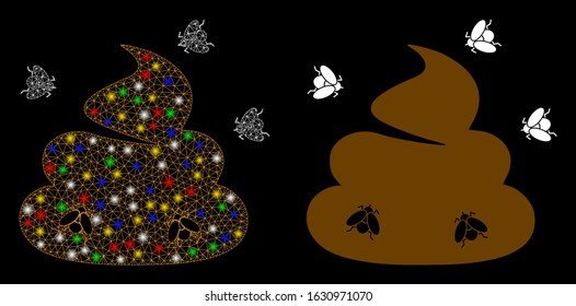 Glowing mesh shit flies icon with glare effect. Abstract illuminated model of shit flies. Shiny wire carcass polygonal mesh shit flies icon. Vector abstraction on a black background.