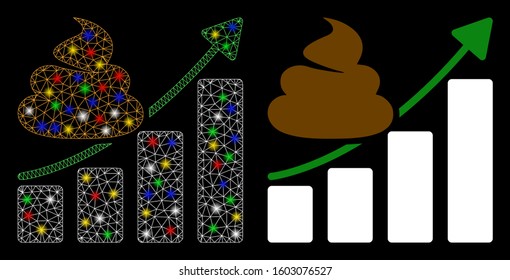 Glowing mesh shit growing chart icon with glare effect. Abstract illuminated model of shit growing chart. Shiny wire frame triangular mesh shit growing chart icon.