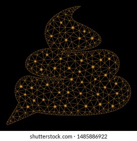 Glowing mesh shit idea cloud with lightspot effect. Abstract illuminated model of shit idea cloud icon. Shiny wire carcass polygonal mesh shit idea cloud. Vector abstraction on a black background.