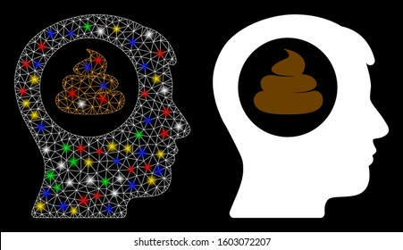 Glowing mesh shit idea head icon with glitter effect. Abstract illuminated model of shit idea head. Shiny wire frame triangular mesh shit idea head icon. Vector abstraction on a black background.