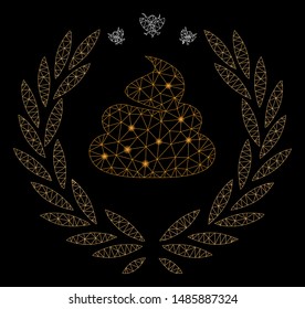 Glowing mesh shit laurel emblem with glow effect. Abstract illuminated model of shit laurel emblem icon. Shiny wire frame polygonal network shit laurel emblem.