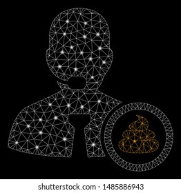 Glowing mesh shit operator with glare effect. Abstract illuminated model of shit operator icon. Shiny wire carcass polygonal mesh shit operator. Vector abstraction on a black background.
