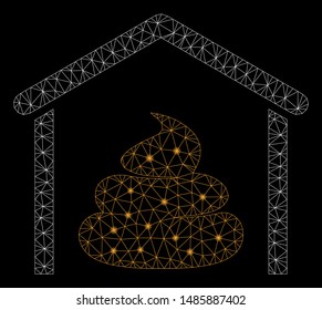 Glowing mesh shit storage hangar with sparkle effect. Abstract illuminated model of shit storage hangar icon. Shiny wire frame triangular mesh shit storage hangar.