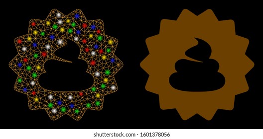 Glowing mesh shit token icon with lightspot effect. Abstract illuminated model of shit token. Shiny wire carcass polygonal mesh shit token icon. Vector abstraction on a black background.
