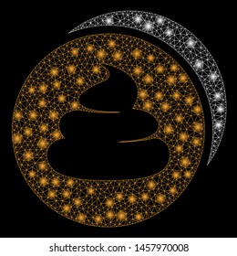 Glowing mesh shitcoins with glare effect. Abstract illuminated model of shitcoins icon. Shiny wire carcass triangular mesh shitcoins. Vector abstraction on a black background.