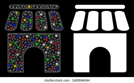 Glowing mesh shop building icon with lightspot effect. Abstract illuminated model of shop building. Shiny wire frame polygonal mesh shop building icon. Vector abstraction on a black background.