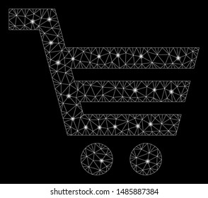 Glowing mesh shopping cart with glare effect. Abstract illuminated model of shopping cart icon. Shiny wire carcass polygonal mesh shopping cart. Vector abstraction on a black background.
