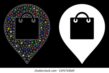 Glowing mesh shopping map marker icon with glitter effect. Abstract illuminated model of shopping map marker. Shiny wire carcass triangular mesh shopping map marker icon.