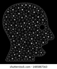 Glowing mesh shouting head with sparkle effect. Abstract illuminated model of shouting head icon. Shiny wire carcass triangular mesh shouting head. Vector abstraction on a black background.