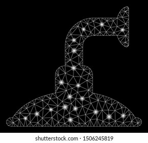 Glowing mesh shower head with glare effect. Abstract illuminated model of shower head icon. Shiny wire carcass polygonal network shower head. Vector abstraction on a black background.