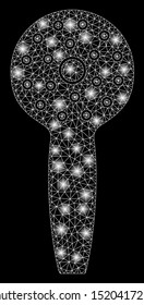 Glowing mesh shower head with sparkle effect. Abstract illuminated model of shower head icon. Shiny wire carcass polygonal mesh shower head. Vector abstraction on a black background.