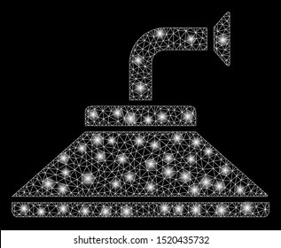 Glowing mesh shower head with sparkle effect. Abstract illuminated model of shower head icon. Shiny wire frame triangular mesh shower head. Vector abstraction on a black background.