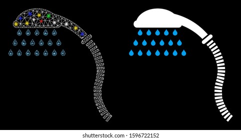 Glowing mesh shower icon with sparkle effect. Abstract illuminated model of shower. Shiny wire frame polygonal mesh shower icon. Vector abstraction on a black background.