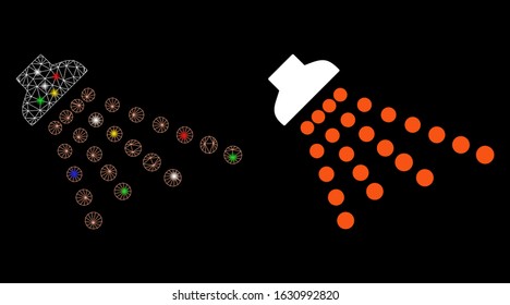 Glowing mesh shower icon with sparkle effect. Abstract illuminated model of shower. Shiny wire frame triangular mesh shower icon. Vector abstraction on a black background.