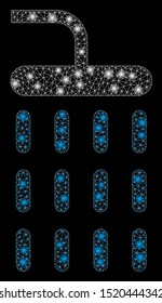 Glowing mesh shower with lightspot effect. Abstract illuminated model of shower icon. Shiny wire frame triangular mesh shower. Vector abstraction on a black background.