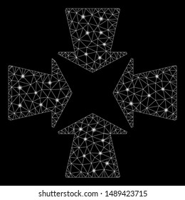 Glowing mesh shrink arrows with glare effect. Abstract illuminated model of shrink arrows icon. Shiny wire carcass polygonal network shrink arrows. Vector abstraction on a black background.