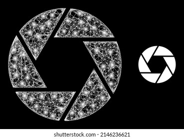 Glowing mesh shutter with glowing spots. Linear frame flat network generated with crossing white lines and shutter icon. White mesh and sparkle carcass mesh shutter on a black background.