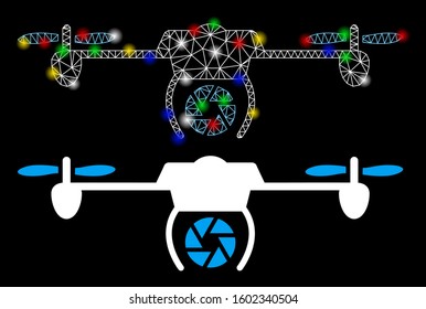 Glowing mesh shutter spy airdrone icon with glow effect. Abstract illuminated model of shutter spy airdrone. Shiny wire frame polygonal mesh shutter spy airdrone icon.