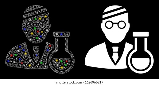Glowing mesh sick chemist icon with lightspot effect. Abstract illuminated model of sick chemist. Shiny wire frame polygonal mesh sick chemist icon. Vector abstraction on a black background.