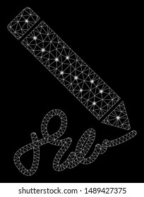 Glowing mesh sign pencil with glow effect. Abstract illuminated model of sign pencil icon. Shiny wire frame triangular mesh sign pencil. Vector abstraction on a black background.