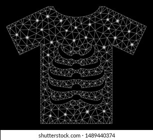 Glowing mesh skeleton T-shirt with glitter effect. Abstract illuminated model of skeleton T-shirt icon. Shiny wire carcass polygonal mesh skeleton T-shirt. Vector abstraction on a black background.