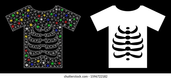 Glowing mesh skeleton T-shirt icon with glow effect. Abstract illuminated model of skeleton T-shirt. Shiny wire carcass triangular mesh skeleton T-shirt icon. Vector abstraction on a black background.