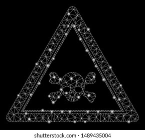 Glowing mesh skull death triangle with sparkle effect. Abstract illuminated model of skull death triangle icon. Shiny wire carcass polygonal mesh skull death triangle.