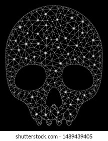 Glowing mesh skull with glow effect. Abstract illuminated model of skull icon. Shiny wire frame triangular mesh skull. Vector abstraction on a black background.