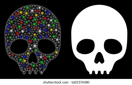 Glowing mesh skull icon with lightspot effect. Abstract illuminated model of skull. Shiny wire frame triangular mesh skull icon. Vector abstraction on a black background.