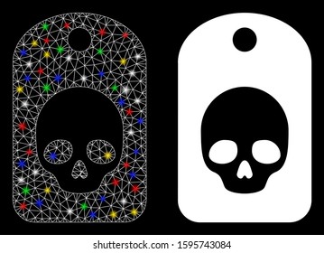 Glowing mesh skull label icon with glitter effect. Abstract illuminated model of skull label. Shiny wire frame triangular mesh skull label icon. Vector abstraction on a black background.
