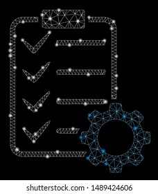 Glowing mesh smart contract gear with sparkle effect. Abstract illuminated model of smart contract gear icon. Shiny wire carcass triangular mesh smart contract gear.