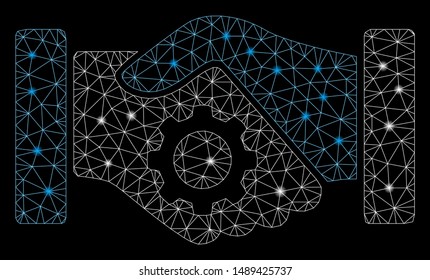 Glowing mesh smart contract handshake with glare effect. Abstract illuminated model of smart contract handshake icon. Shiny wire frame polygonal mesh smart contract handshake.
